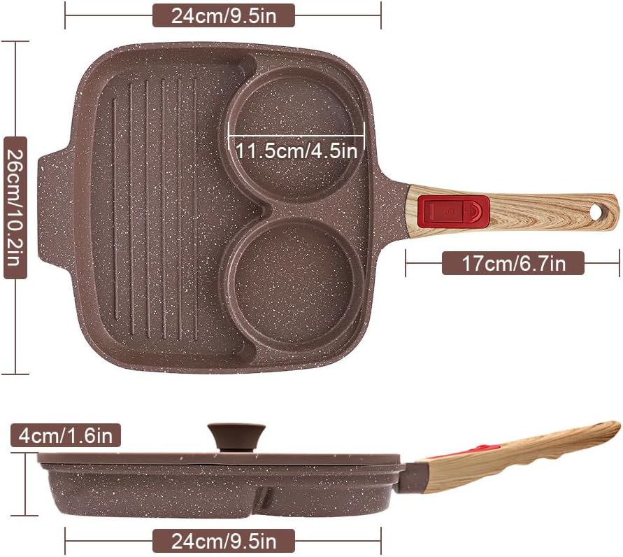Spiegeleipfanne mit Deckel 3 Loch, 26cm Antihaft Keramikbeschichtung Grillpfanne Dreigeteilt Pancake