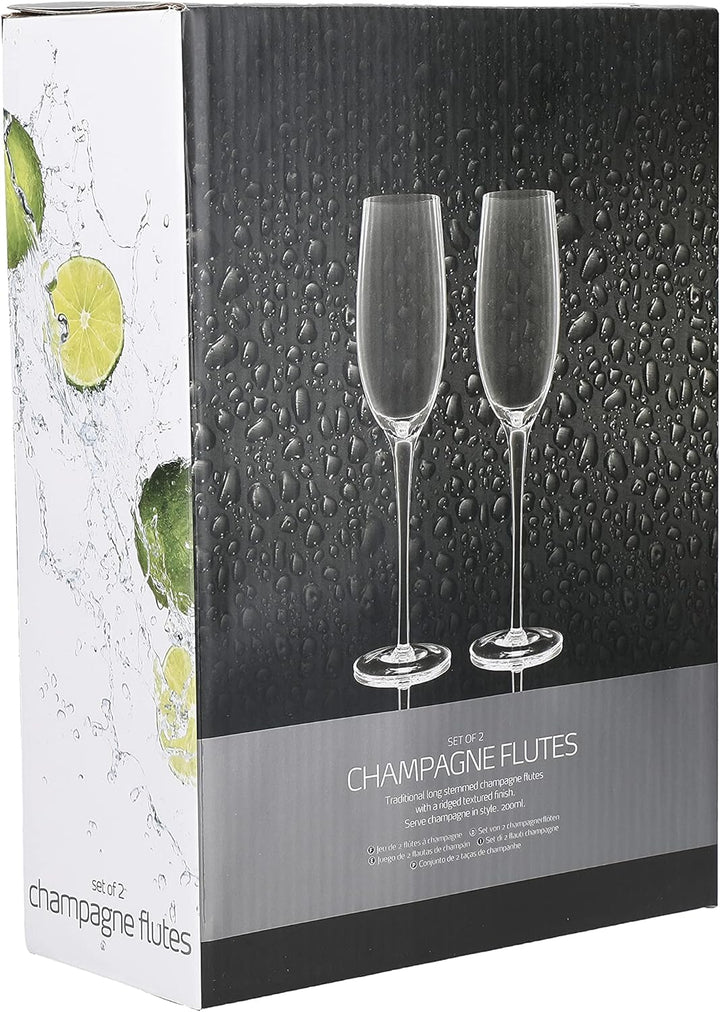 BarCraft 2er Set geriffelte Champagnergläser, 2 handgemachte Gläser, in Geschenkbox, 200ml, Champagn