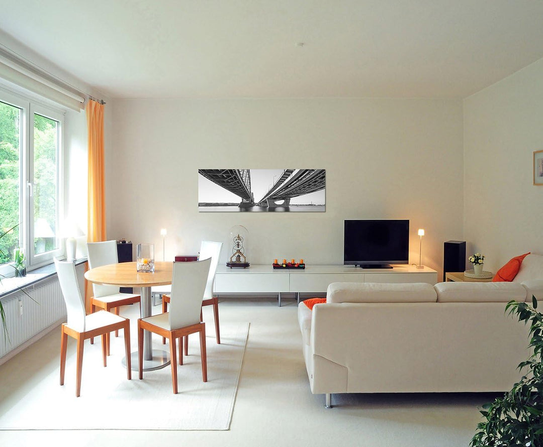 Paul Sinus Art Panoramabild auf Leinwand und Keilrahmen 150x50cm Kiew Brücke Wasser schwarz/weiss