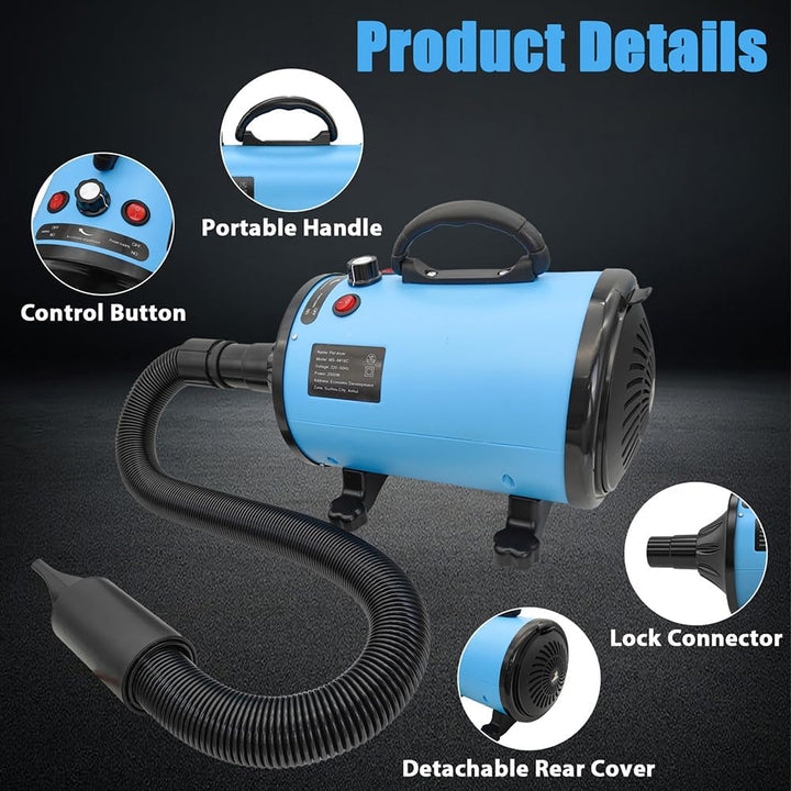 Hundefön Blower Einstellbare Geschwindigkeit 3200W Motor mit 4 verschiedenen Düsen und Schlauch Prof