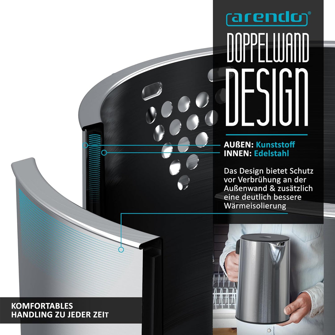 Arendo - Edelstahl Wasserkocher mit Temperatureinstellung 40-100 Grad in 5er Schritten - Doppelwand