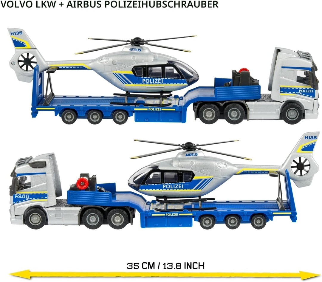 Majorette - Volvo Polizei-Transporter FH-16 (35 cm) – LKW mit Auflieger und Airbus Hubschrauber (25,