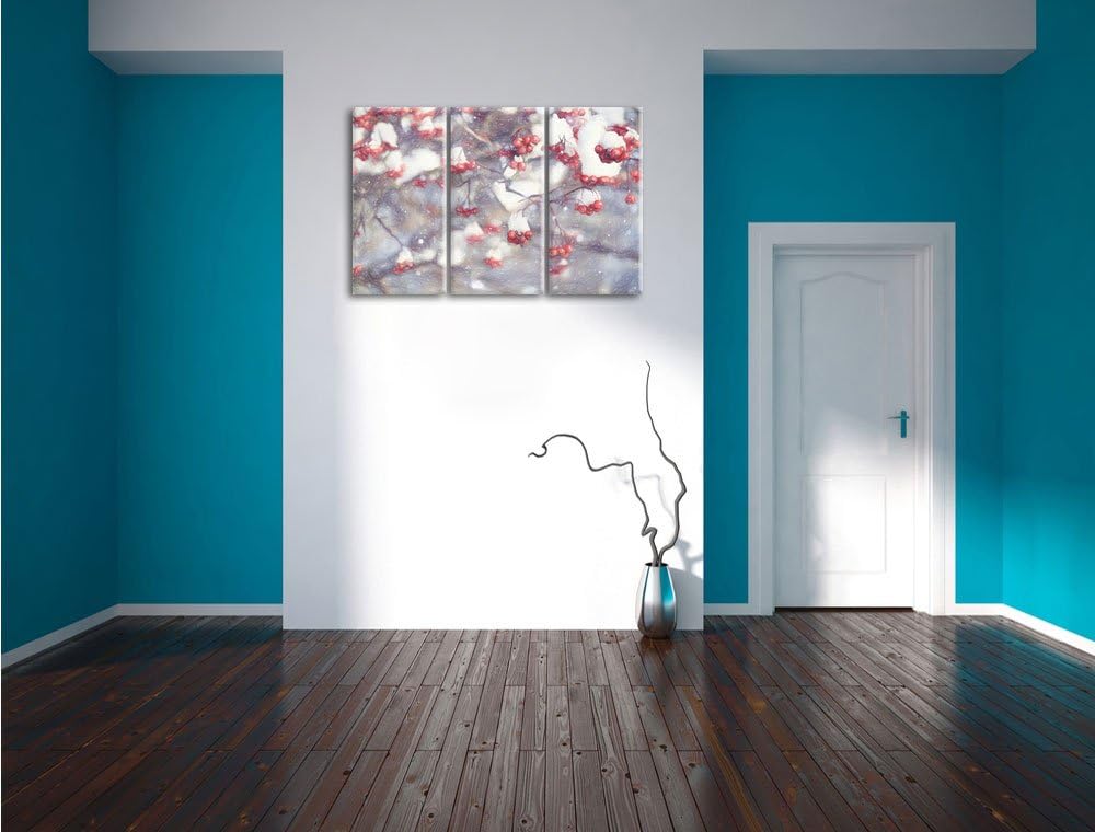 Pixxprint Vogelbeeren mit Schnee bedeckt als Leinwandbild/Grösse: 3 Teilig (120x80) cm/Wandbild/Kuns
