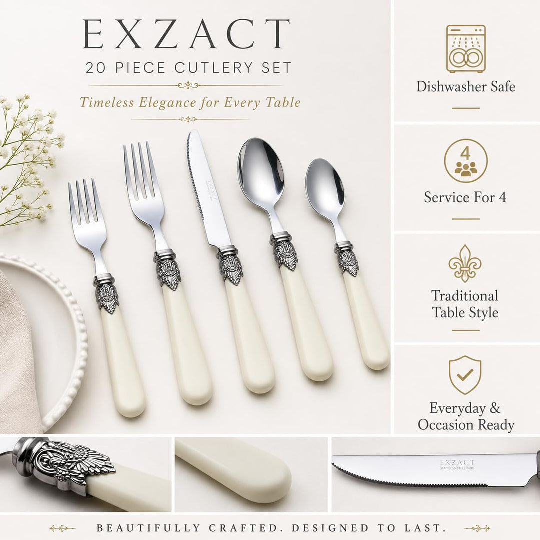 EXZACT Elfenbein Creme Besteck Set 20 Stück, Edelstahl mit detaillierten Griff, traditionelle, elega