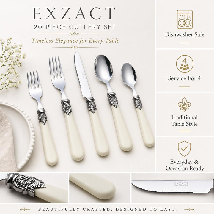 EXZACT Elfenbein Creme Besteck Set 20 Stück, Edelstahl mit detaillierten Griff, traditionelle, elega