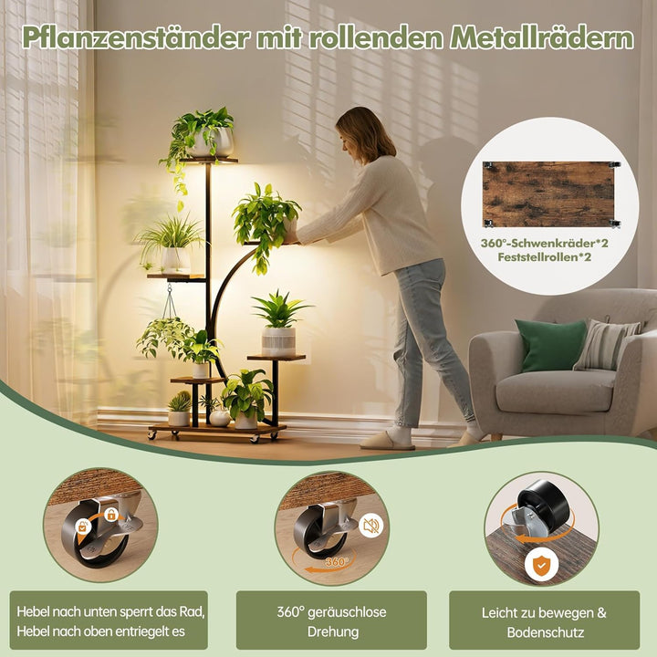 Pflanzenständer mit Wachstumslicht, Blumenständer 6 Stöckiges 125cm, Pflanzenregal Metall Holz mit F