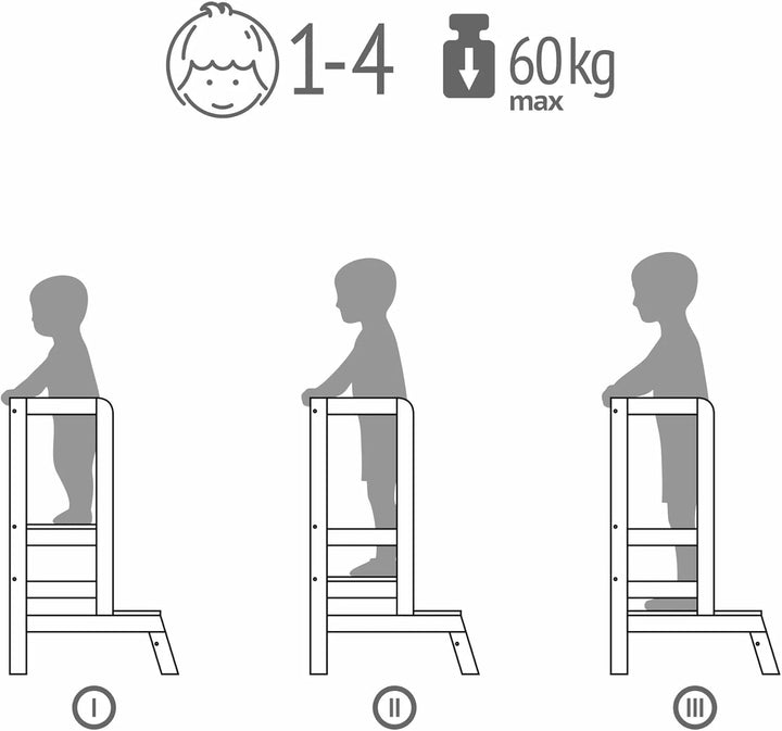 Shefa Kids Lernturm ab 1 Jahr – Höhenverstellbarer Lernstuhl für Kinder aus Massivholz Birke Grau –