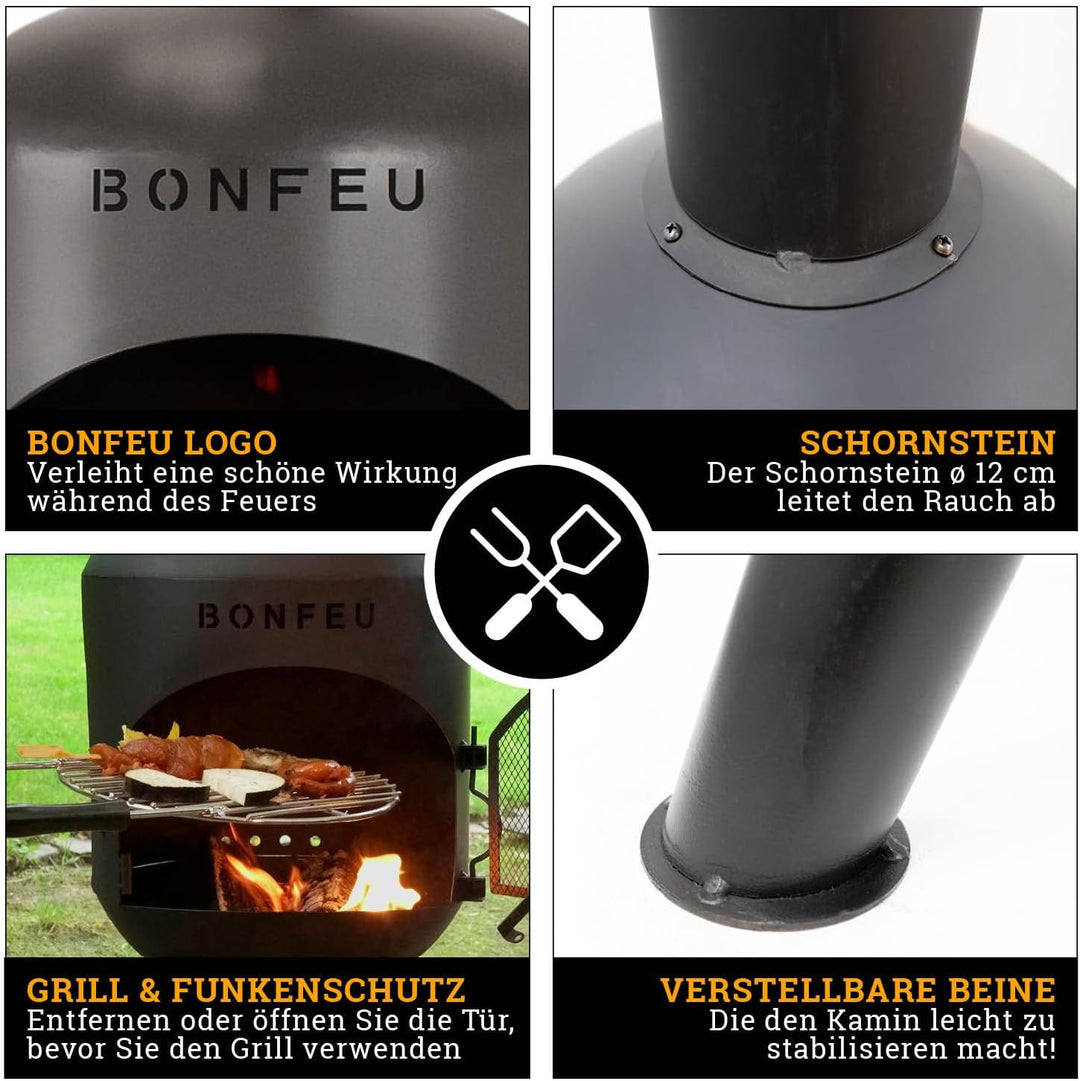 BonFeu BonBono Schwarz - Terrassenofen - Feuerstelle mit Funkenschutz für entspannte Abende - Feuers