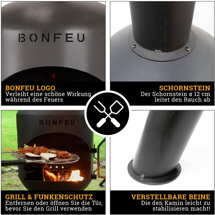 BonFeu BonBono Schwarz - Terrassenofen - Feuerstelle mit Funkenschutz für entspannte Abende - Feuers