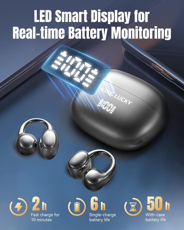 King Lucky Open-Ear-Kopfhörer Kabellos Bluetooth 6.0–Clip-On-Ohrhörer mit Mikrofon,mit Akkuanzeige,5