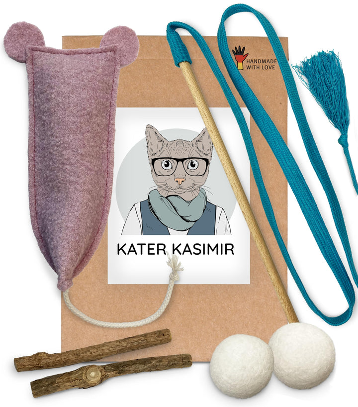 Katzenspielzeug Set aus Naturmaterial – Interaktives Katzenspielzeug für Wohnungskatzen – Katzenange