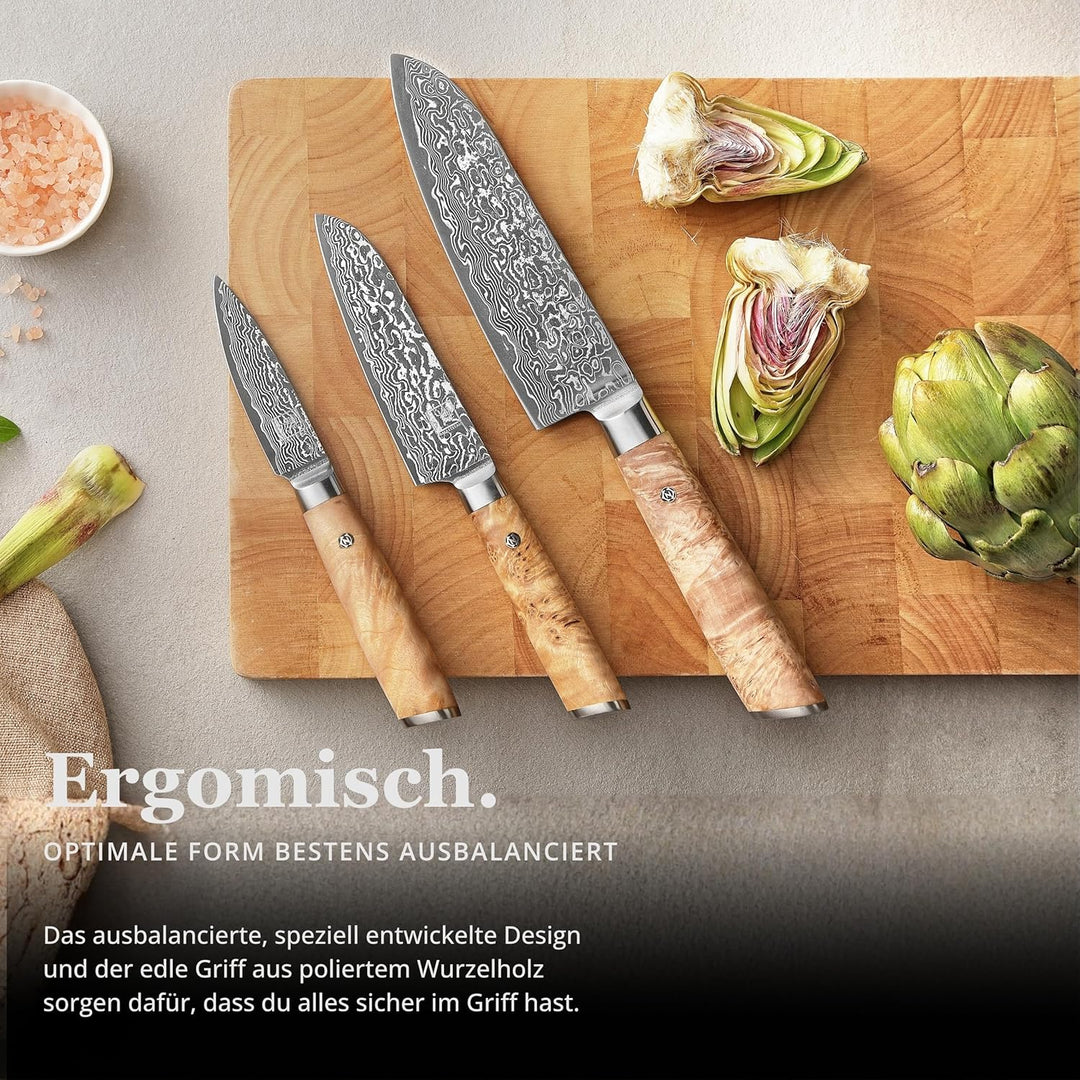 zayiko Kinone Premium 3er Damastmesser-Set mit 8-17 cm Klinge gefertigt aus 67 Lagen echtem Damastst