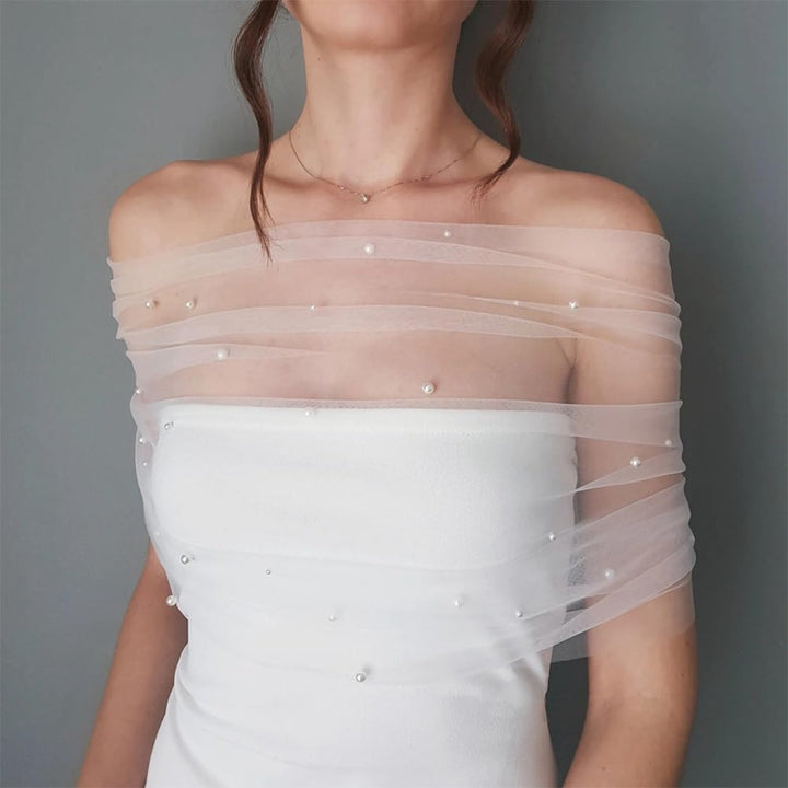Bolero Umhang Spitze Hochzeitsschal Brautumhang Wickelstola mit Kunstperlen Schnalle Schulterfreier