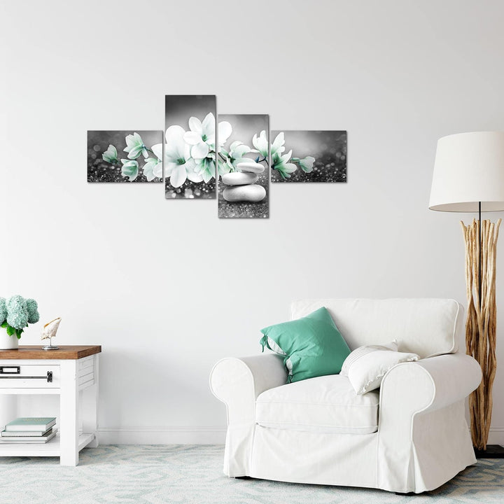 Runa Art Bild Modern Blumen Magnolien - Made in Germany - Wandbilder Abstrakt Grau Türkis 4 Teilig 0