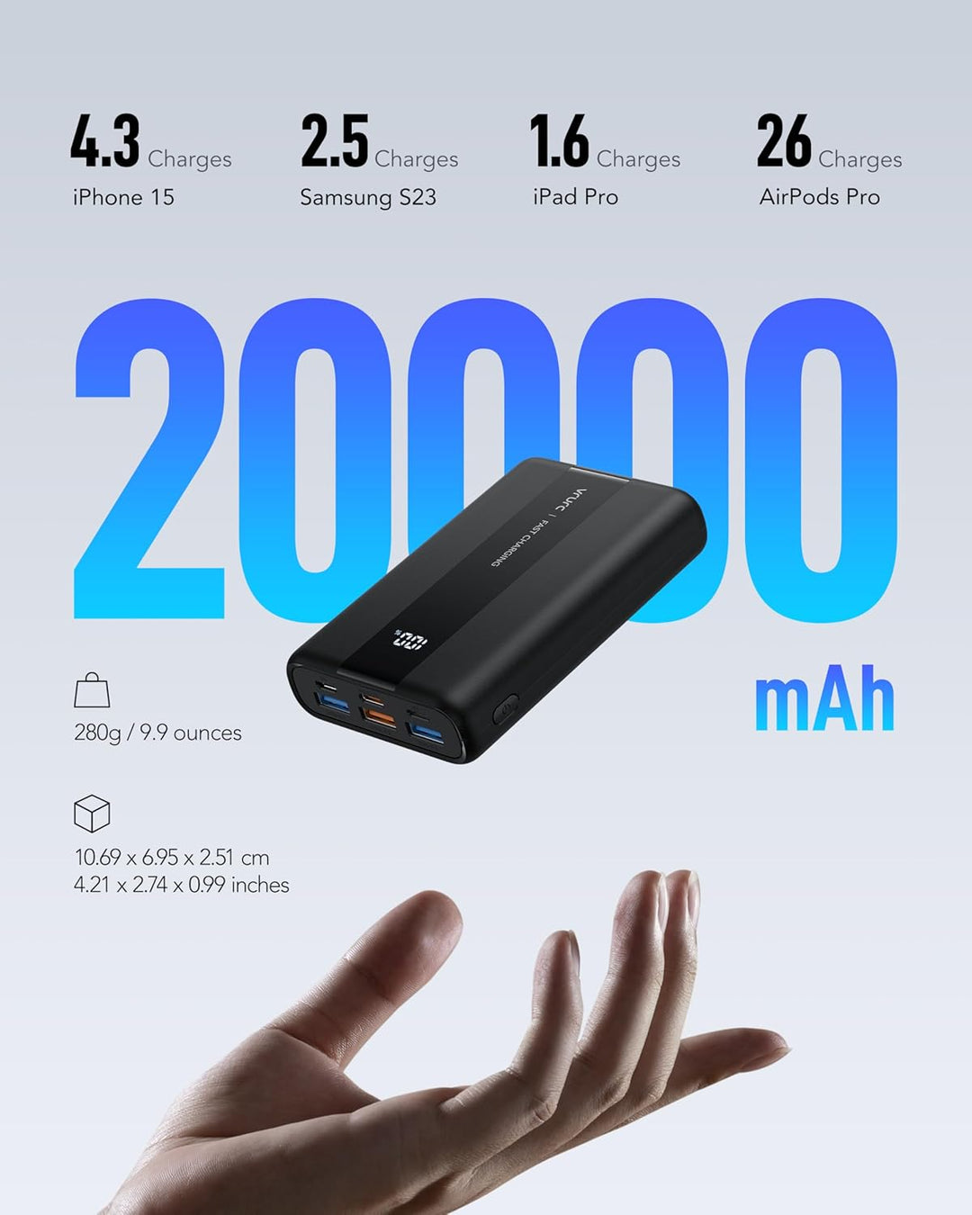 VRURC Powerbank 20000mAh Klein & Kompakt, Mini Externer Akku mit LED Display, USB-A 22.5W Schnelllad