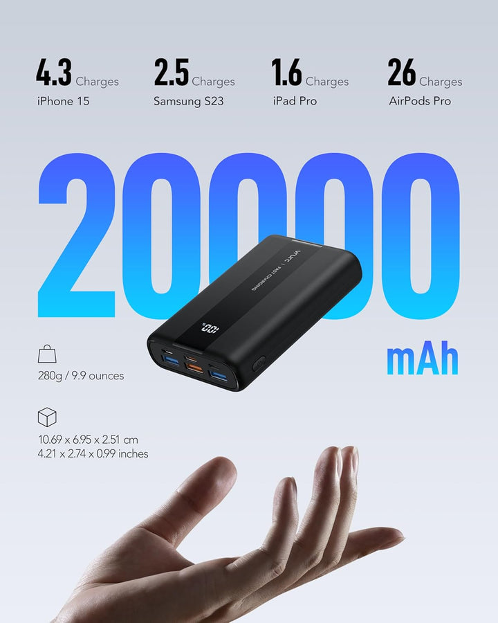 VRURC Powerbank 20000mAh Klein & Kompakt, Mini Externer Akku mit LED Display, USB-A 22.5W Schnelllad