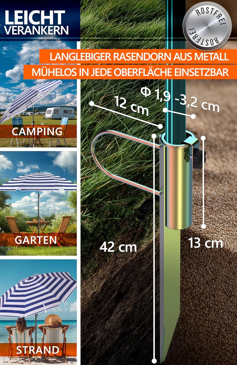 4smile Sonnenschirm Strand Ø 180 cm mit Rasendorn, 3-IN-1-SET, Blau-Weiss | Strandschirm windfest st