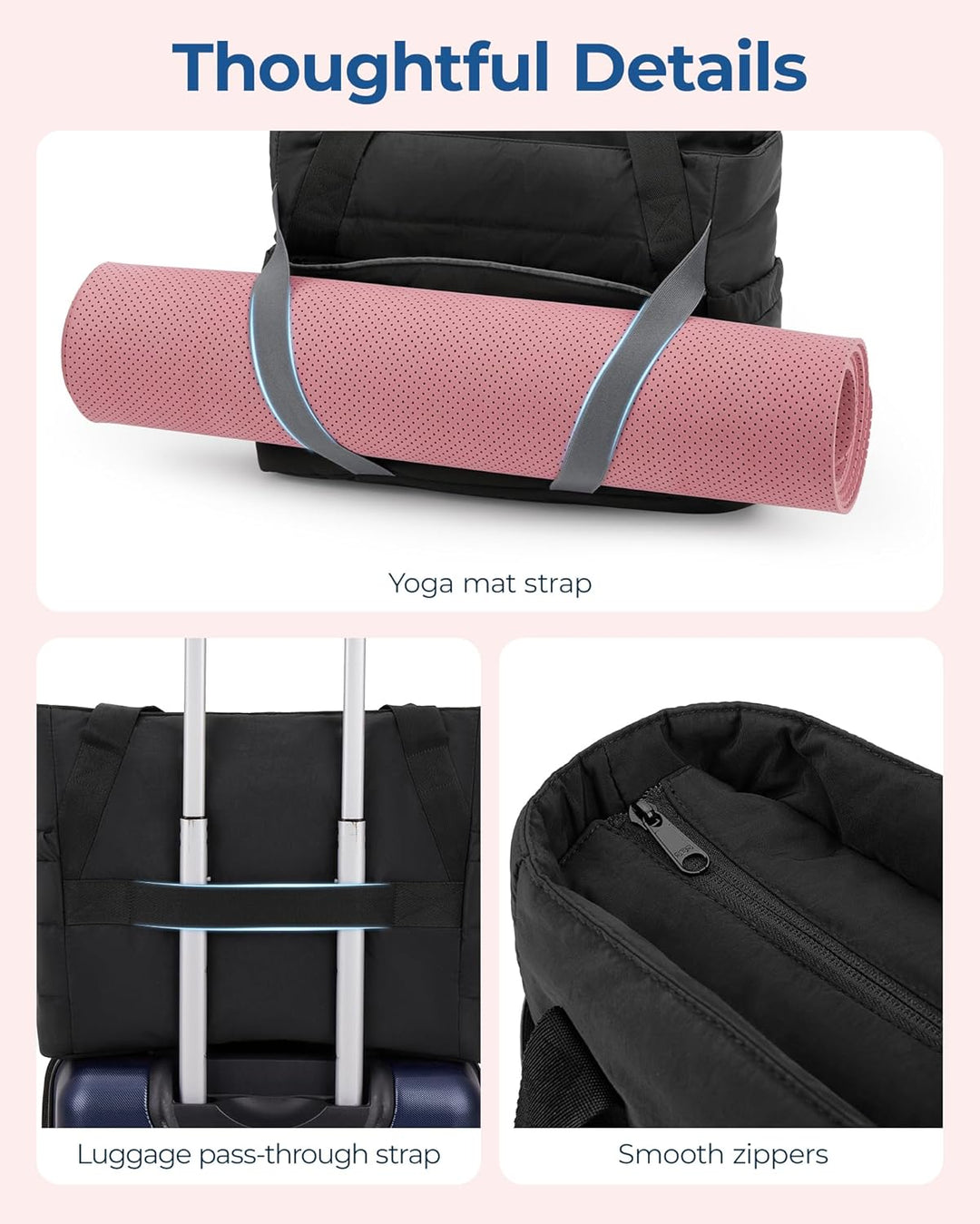 bagsmart Sporttasche Damen Yogatasche, Gesteppte Handtasche Damen Tote Bag mit Yogamattengurt, Reiss
