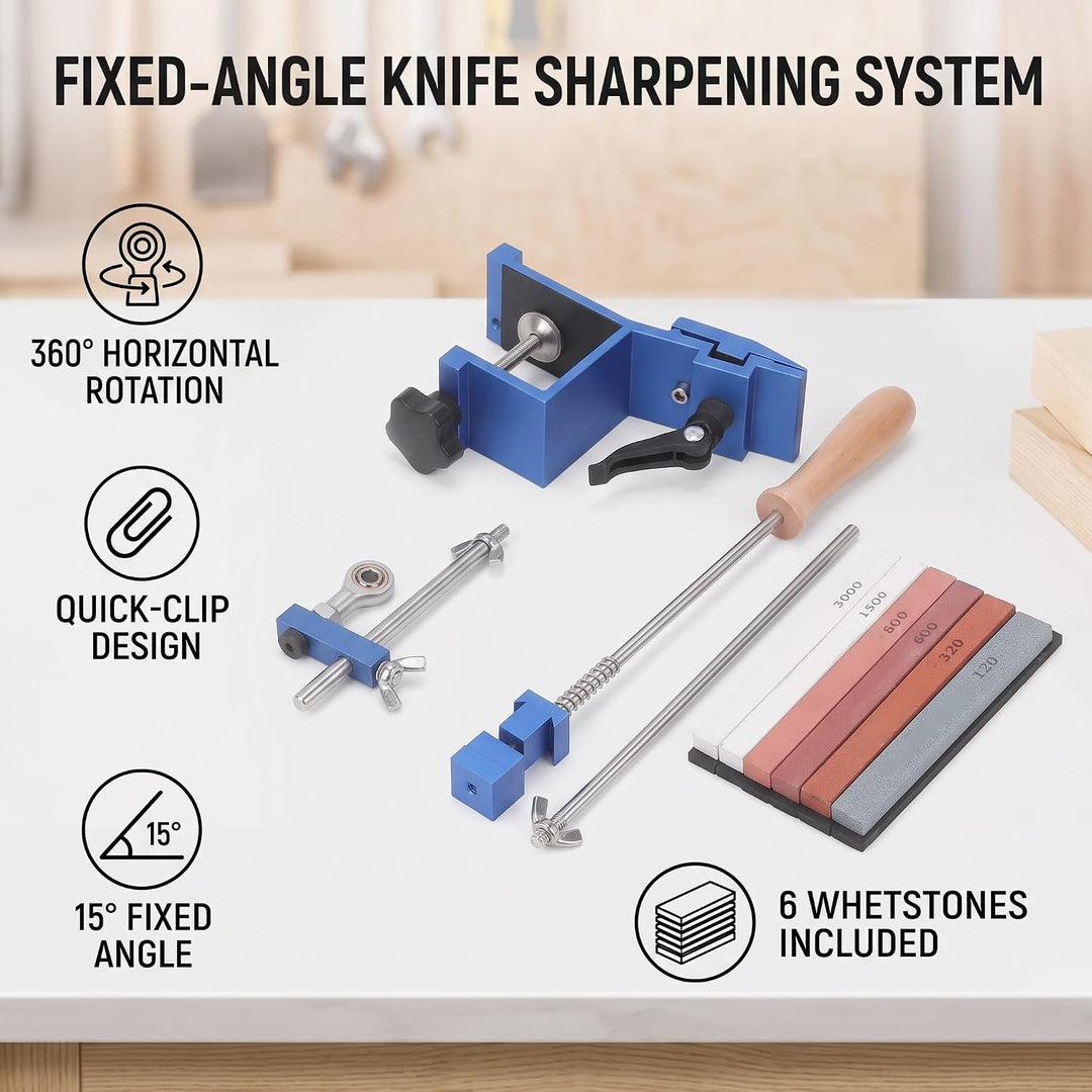 Professionelles Messerschärfer Kit mit festem 15° Winkel, 6 Premium Wetzsteine aus Aluminium-Legieru
