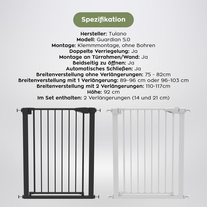 TULANO Guardian 5.0 | Hundegitter | Schutzgitter | Breite 75-117 cm | Schliesst automatisch | Babygi