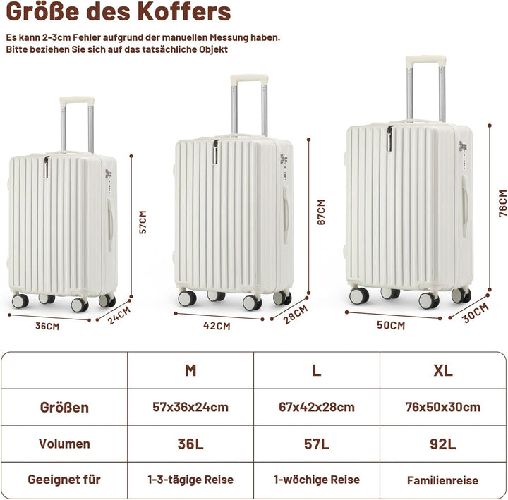 Kofferset 3 Teilig Hartschale Koffer Set Robustes und Langlebiges PC-Material Koffer mit TSA-Schloss