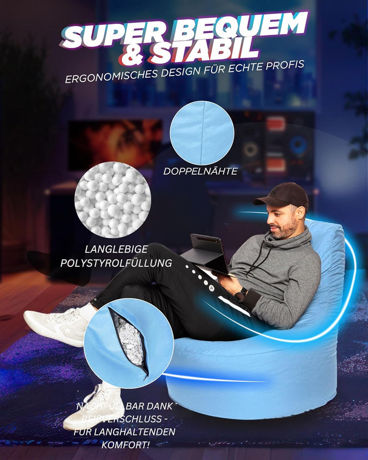 PATCH HOME Gamer Kissen & Lounge Sitzsack – befüllbar mit Reissverschluss, gefüllt mit Styropor, gee
