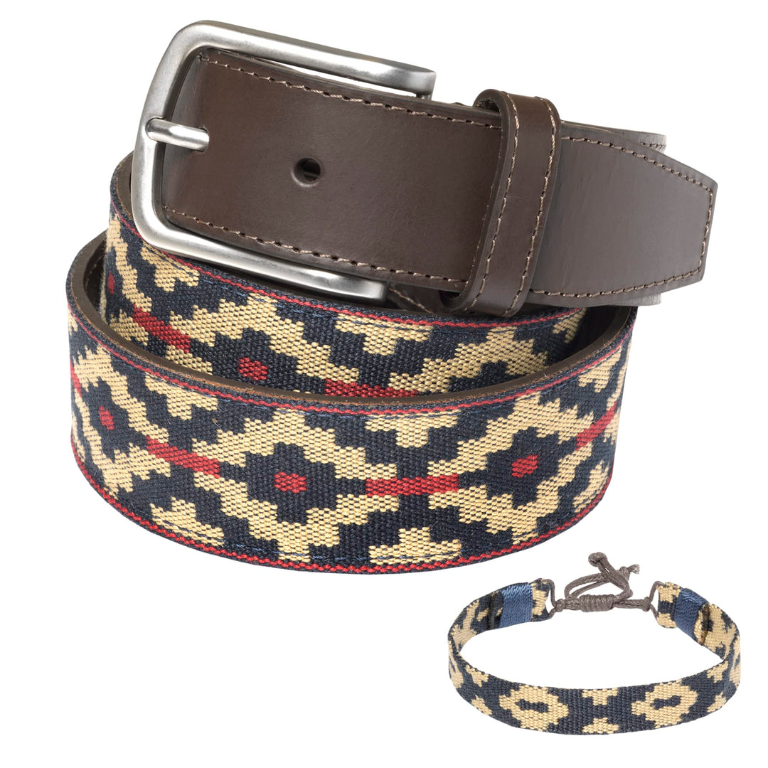 PELPE FABRIC - Ledergürtel, mit passendem Leder- und Fadenarmband. Bestickter Gürtel auf Leder, für