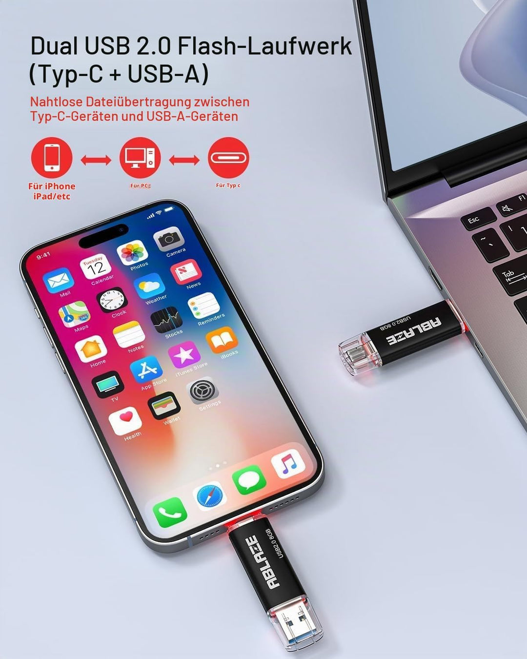 10 Stück USB C Stick 8GB OTG 2.0, ABLAZE Dual Speicherstick 2-IN-1 für Type-C Handy/Smartphone/Lapto