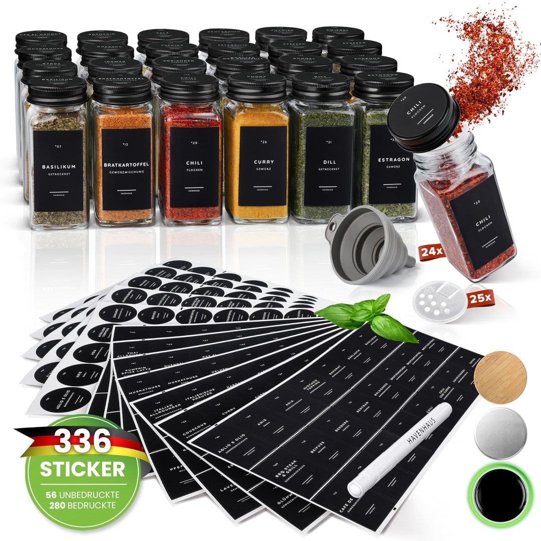 Havenhaus Premium Gewürzgläser Set schwarz | 24 Gewürz Organizer inkl. 336 deutschen Gewürzetiketten