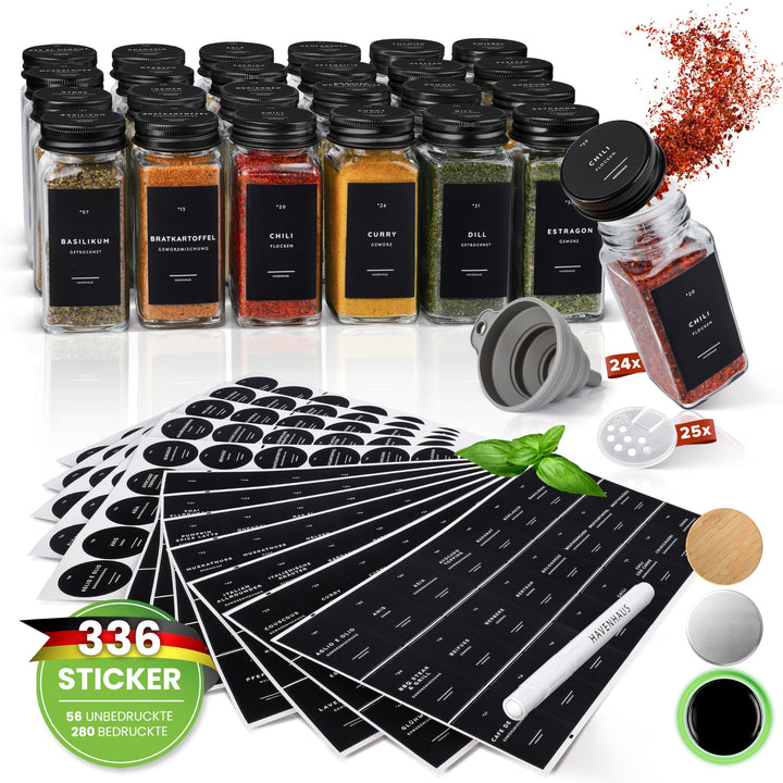 Havenhaus Premium Gewürzgläser Set schwarz | 24 Gewürz Organizer inkl. 336 deutschen Gewürzetiketten