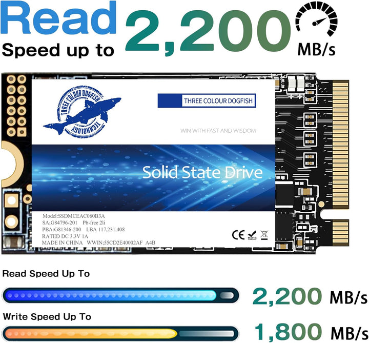 Dogfish M.2 2242 SSD 1TB NVMe PCIe Gen3 x 4 internes Solid State Drive, 3D NAND TLC, Gaming SSD, R/W