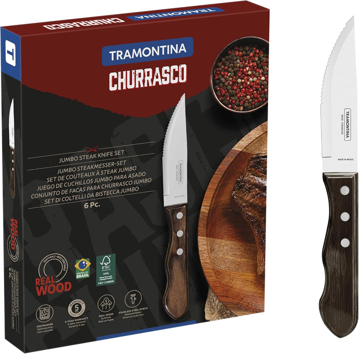 Tramontina JUMBO Steakmesser-Set, rostfreiem Edelstahl, spülmaschinenfest, Griffe aus Echtholz, FSC,