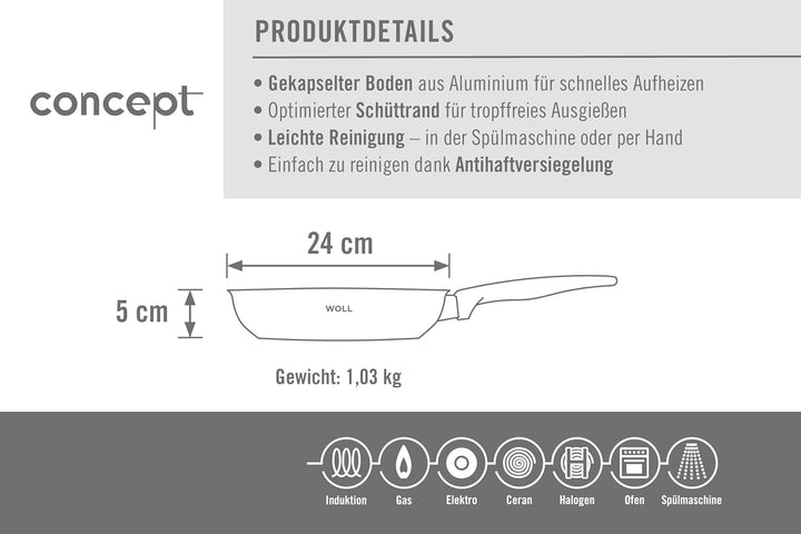 Woll Concept Bratpfanne - Induktiv -, Ø 24 cm, 5 cm hoch, Geeignet für alle Herdarten, Edelstahl, ba