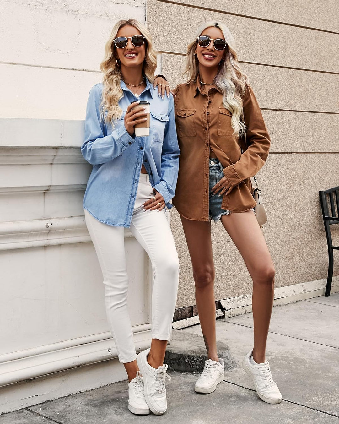 Roskiky Damen Jeanshemd - Damen Western Hemden Tunika Langarm Button Down Oberteile XS Mandelbraun,
