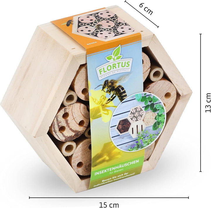 FLORTUS Insektenhotel Bienen | naturbelassenes Bienenhotel 15 x 13 x 6 cm | Wildbienenhotel für den