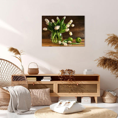 Bilder auf Leinwand Tulpen Apfel Blumenstrauss Frühling Leinwandbild 70x50cm Wandbilder Dekoration W