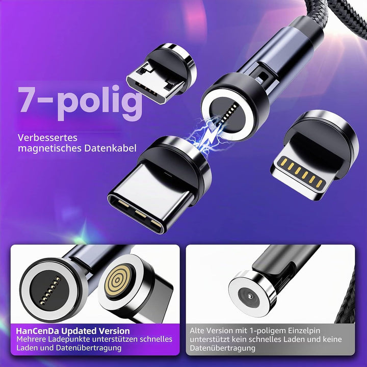 Magnetisches Ladekabel mit-Drehung, 3er-Pack [3ft/6ft/10ft], 3-in-1-Magnetladekabel, 3A-Schnellladek