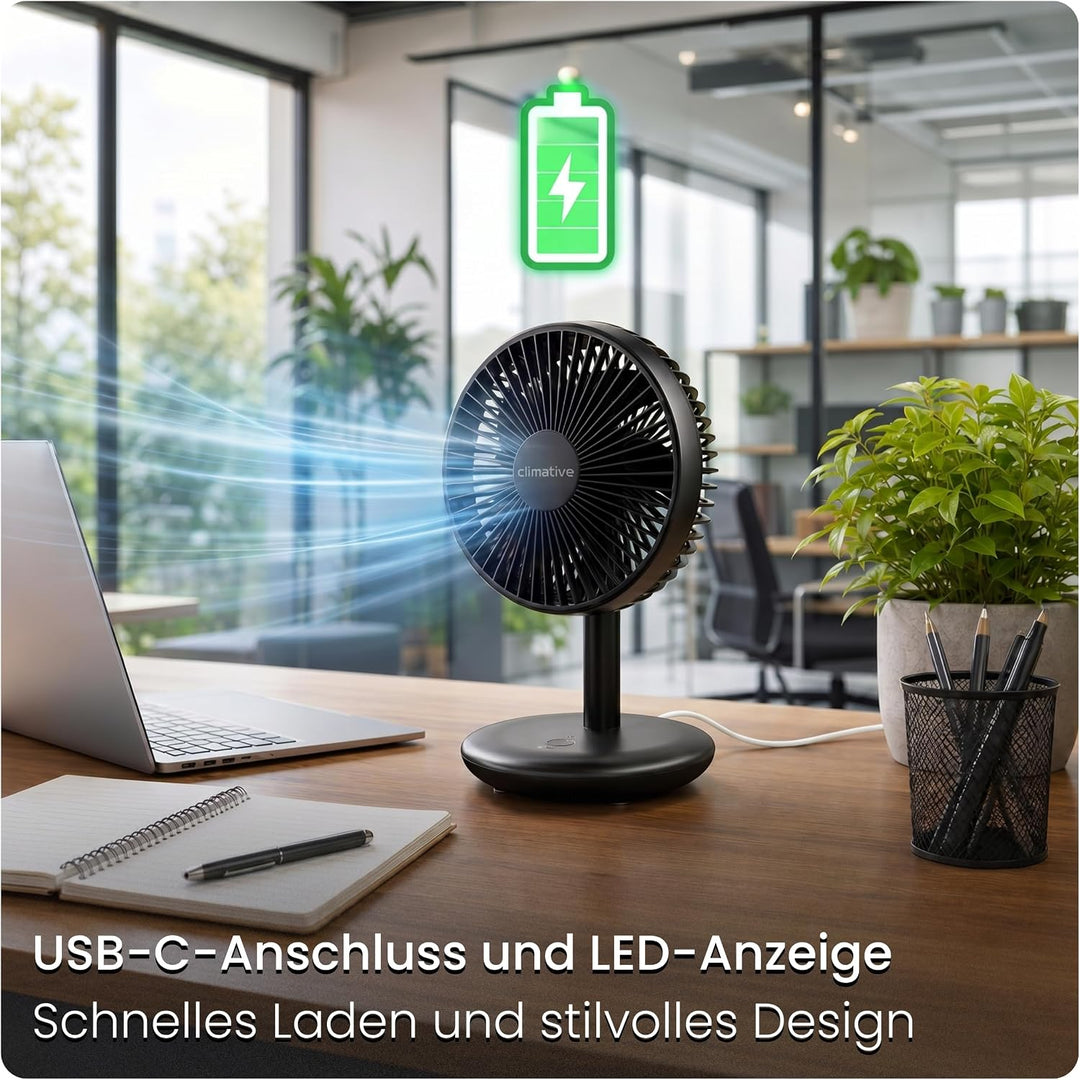 Tischventilator sehr leise - Akku USB Ventilator 4000mAh, Ø 16,5cm, bürstenloser 7-Flügel Mini Lüfte