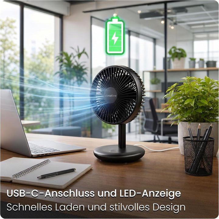 Tischventilator sehr leise - Akku USB Ventilator 4000mAh, Ø 16,5cm, bürstenloser 7-Flügel Mini Lüfte