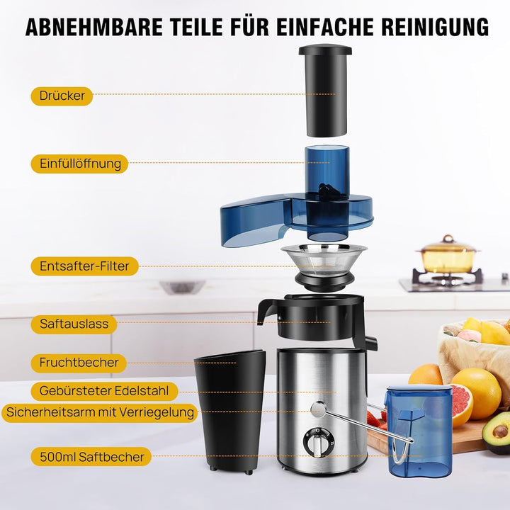 Entsafter Elektrische Saftpresse 400W, XXL 65mm Öffnung, 500ml Behälter & 2 Geschwindigkeiten, Tests