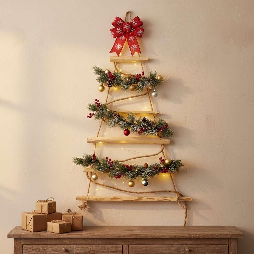 BOGATECO Handgemacht Weihnachtsbaum 95 cm hoch, aus Haselnussholz | Deko Anhänger | mit 200 cm LED-L