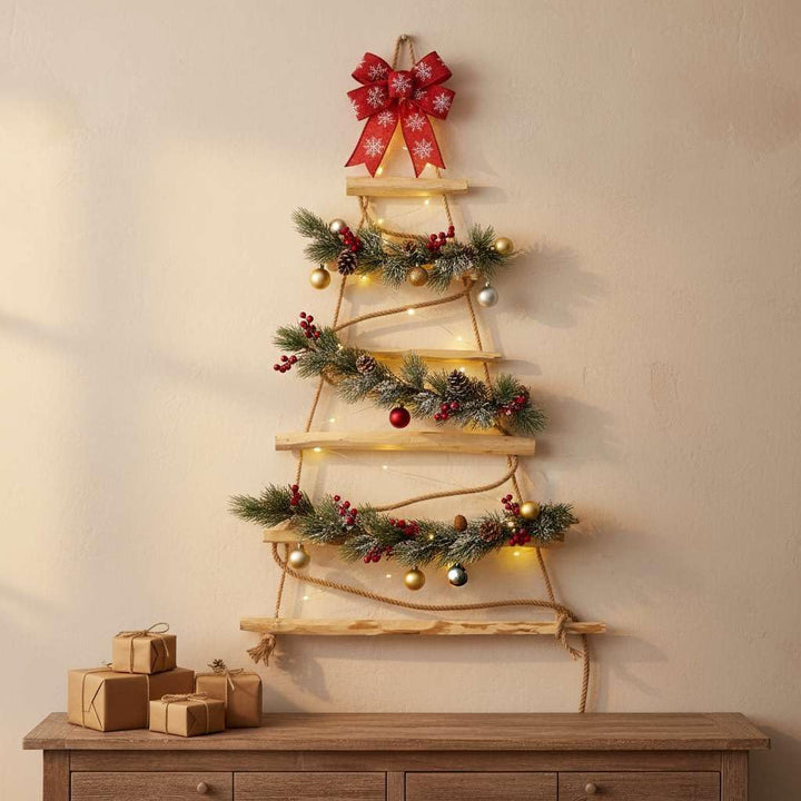 BOGATECO Handgemacht Weihnachtsbaum 95 cm hoch, aus Haselnussholz | Deko Anhänger | mit 200 cm LED-L