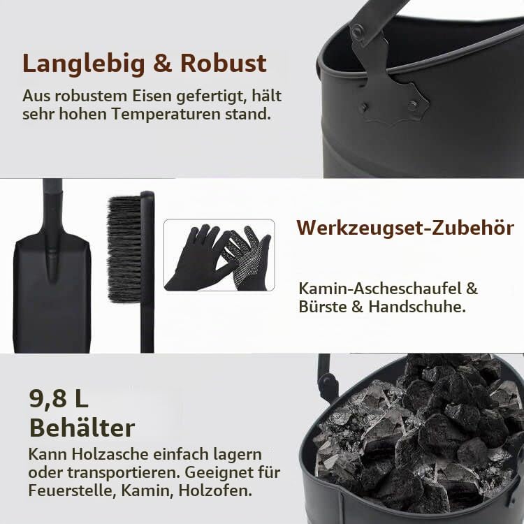 BRIAN &amp; DANY Ascheeimer, Halbkreisförmiger Kohleeimer für Kamine, 10L Eimer mit Schaufel und Handbes