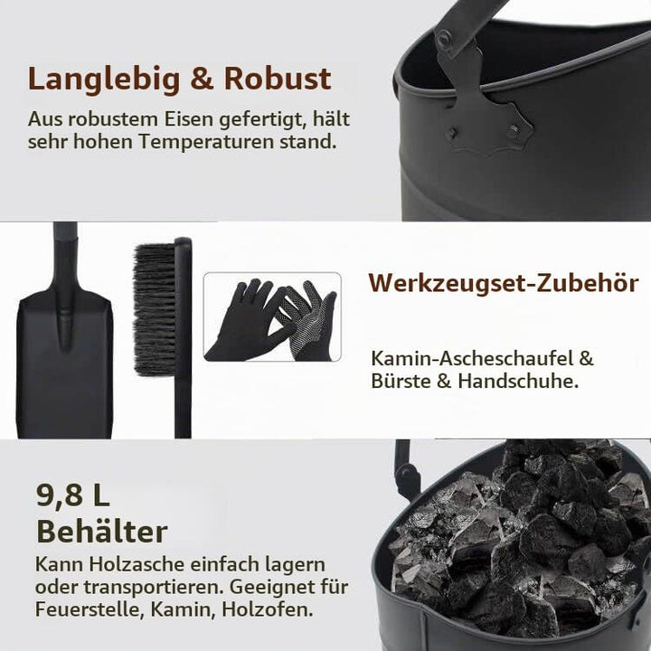 BRIAN &amp; DANY Ascheeimer, Halbkreisförmiger Kohleeimer für Kamine, 10L Eimer mit Schaufel und Handbes