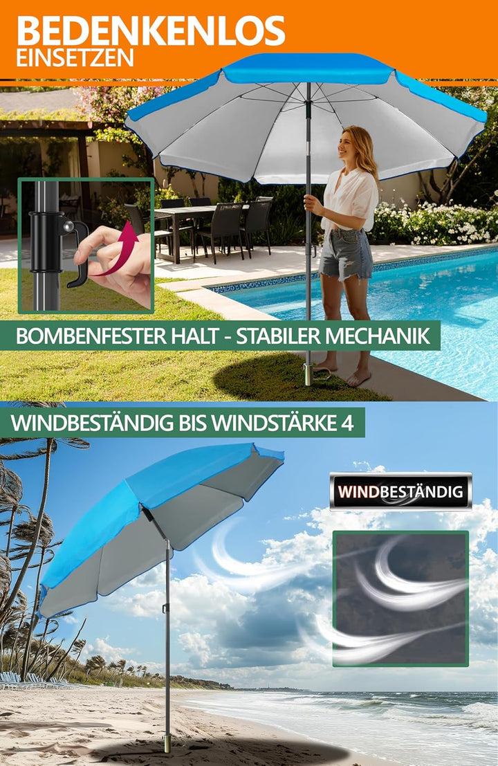 4smile SunnyJoy 3-IN-1 Set mit Sonnenschirm Strand in Blau - Strandschirm windfest stabil 200 cm mit