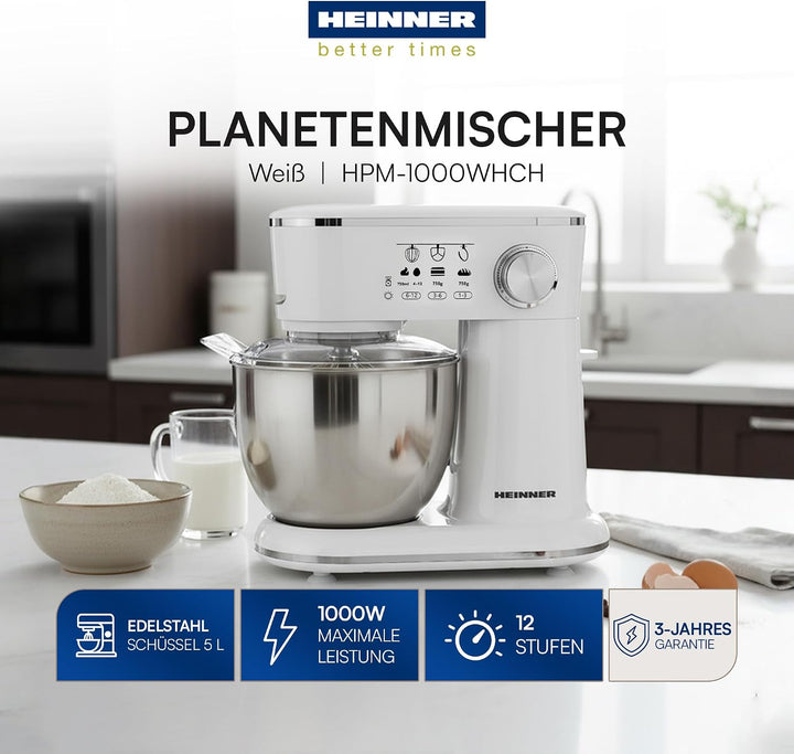 HPM-1000WHCH Stand Mixer – Planetary Mixing System, 1000W Power, 5L Stainless Steel Bowl, 10 Speed S