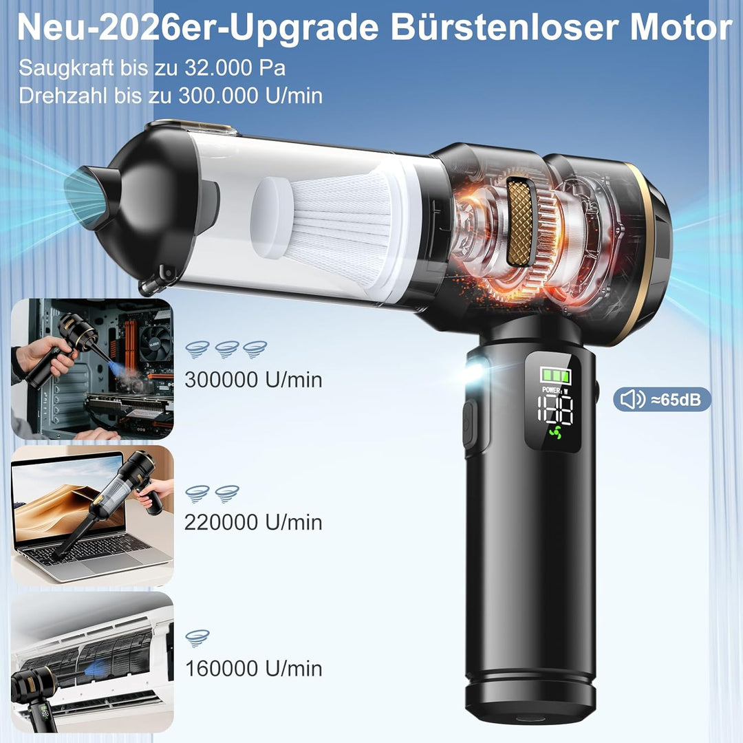 Handstaubsauger Akku 4-in-1, 32000Pa Auto Staubsauger Stark, Handstaubsauger Auto, LCD Display Autos