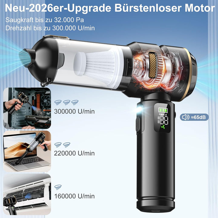 Handstaubsauger Akku 4-in-1, 32000Pa Auto Staubsauger Stark, Handstaubsauger Auto, LCD Display Autos