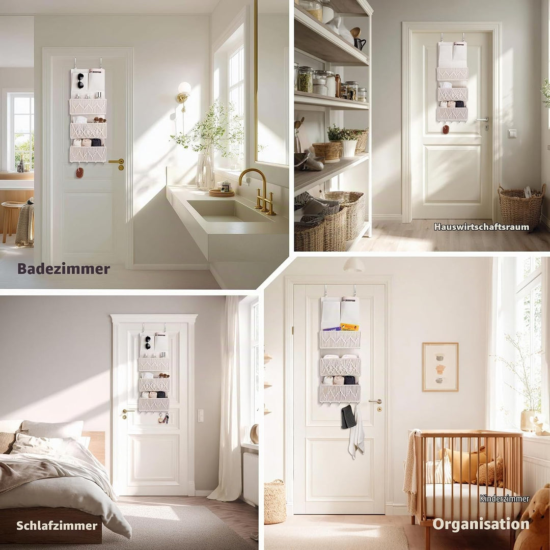Hängeorganizer mit 3 Taschen, Boho Makramee Wand Organizer mit Haken, Hängende Aufbewahrung aus Baum