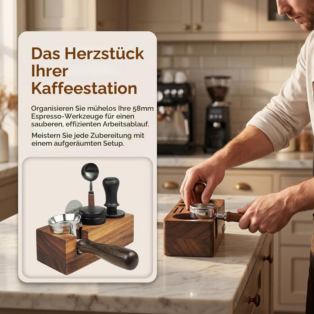 Espresso Tamperstation 58mm Tamperstation mit Abklopfbehälter Holz | Coffee Tamping Station 5 Steckp
